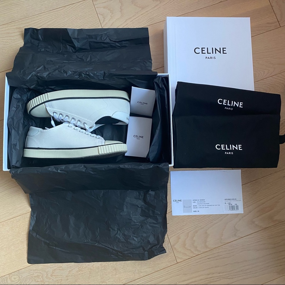 CELINE Blank Low Lace Up Canvas Sneakers Off White size 35 - Picture 2 of 16